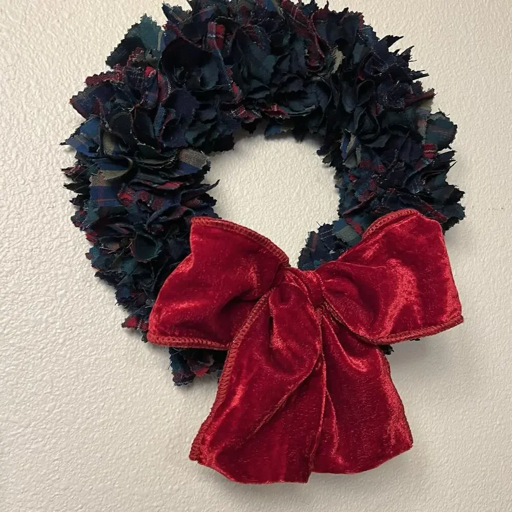 Handmade Pendleton Wool Shirt Wreath 12” Christmas Winter Plaid Red Velvet Bow